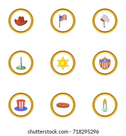 USA country icons set. Cartoon style set of 9 USA country vector icons for web design