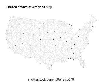 USA country map globe illustration in blockchain technology network style. Block chain polygon peer to peer network connected lines technique. Cryptocurrency fintech business concept.