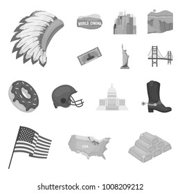 USA country monochrome icons in set collection for design.Travel and attractions vector symbol stock web illustration.