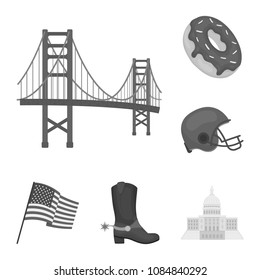 USA country monochrome icons in set collection for design.Travel and attractions vector symbol stock web illustration.