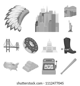 USA country monochrome icons in set collection for design.Travel and attractions vector symbol stock web illustration.