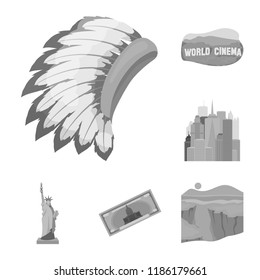 USA country monochrome icons in set collection for design.Travel and attractions vector symbol stock web illustration.