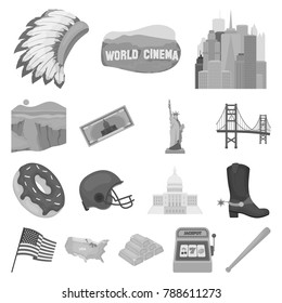 USA country monochrome icons in set collection for design.Travel and attractions vector symbol stock web illustration.