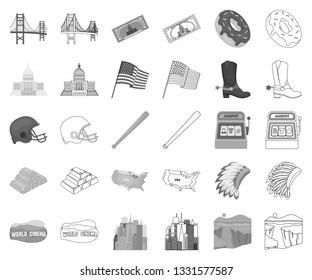 USA country monochrome,outline icons in set collection for design.Travel and attractions vector symbol stock web illustration.