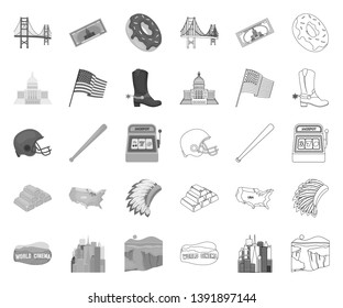 USA country mono,outline icons in set collection for design.Travel and attractions vector symbol stock web illustration.