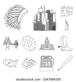 USA country outline icons in set collection for design.Travel and attractions vector symbol stock web illustration.