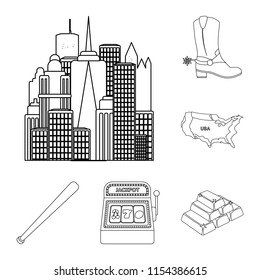 USA country outline icons in set collection for design.Travel and attractions vector symbol stock web illustration.