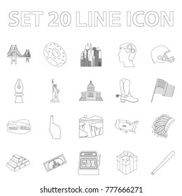 USA country outline icons in set collection for design.Travel and attractions vector symbol stock web illustration.