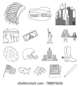 USA country outline icons in set collection for design.Travel and attractions vector symbol stock web illustration.