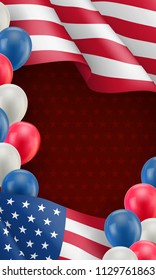 USA country patriotic background template. Realistic waving american flag and colorful air balloons. Independence and freedom, democracy and patriotism vector concept. USA country day celebration