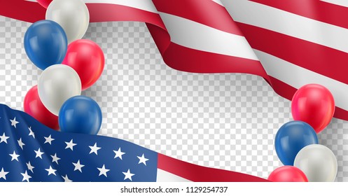 USA Country Patriotic Horizontal Flyer With Space For Text. Realistic Waving American Flag And Air Balloons On Transparent Background. Independence And Freedom, Democracy And Patriotism Vector Banner