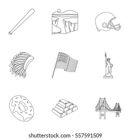 USA country set icons in outline style. Big collection of USA country vector symbol stock illustration