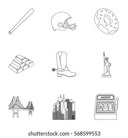 USA country set icons in outline style. Big collection of USA country vector symbol stock illustration