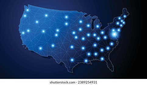 USA - country shape with lines connecting major cities