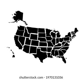USA country state doodle map. Hand drawn tourism isolated travel stamps. Vector illustration.