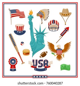 USA country symbols isolated vector illustrations set. Liberty statue, baseball equipment national flag, creative hats, noble eagle and fast food.