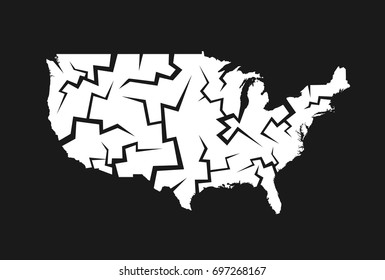 USA with cracks - deterioration, decline, failure and decay of the United States of America. Troubles and problems leading to breakup, disintegration and split of the continent. Vector illustration 