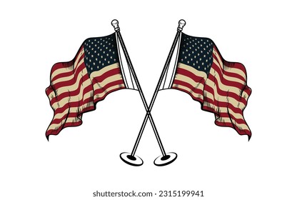 Usa crossed flag waving in pole vector
