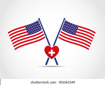 USA Crossed Flags Emblem Heart Care