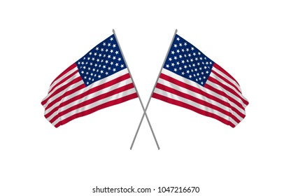 USA crossed flags. Symmetrical Crossed American Flags with Red and Blue Stars and Stripes waving in the wind. 