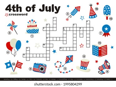 USA crossword for kids. Children's smart game with cartoon objects. Set of hand drawn elements in the national colors of the United States of America. Vector illustration for 4th of July