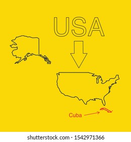 USA Cuba Dispute Map. Monochrome. Black Lines.