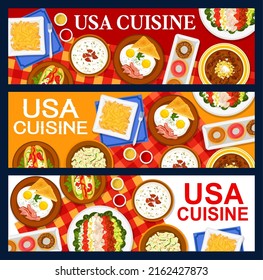 USA cuisine banners, American food menu of restaurant dishes, vector meals. US American traditional breakfast, lunch and dinner food meals, baked beans and fried eggs with bacon, hot dog and donuts