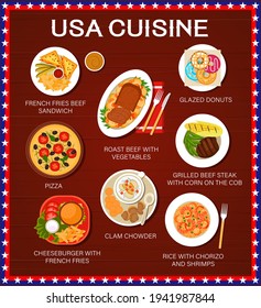 USA cuisine food menu, American dishes and meals traditional restaurant lunch and dinner, vector poster. US American food menu of sandwich with french fries, roast beef meat, pizza and donuts dessert