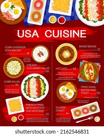 USA cuisine menu, American food dishes and lunch, vector restaurant meals. US American traditional snacks and salads menu, hot dog and french fries with ketchup and mustard, fried eggs with bacon