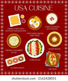 USA cuisine menu, US American food meals for breakfast and lunch, vector. American cuisine dishes, hot dog and french fries with ketchup and mustard, fried eggs with bacon and toast