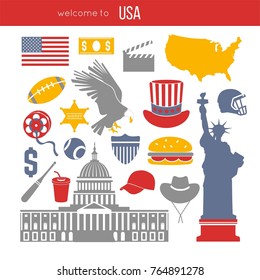 USA culture symbol set. Europe Travel USA direction concept.