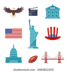 USA culture symbol set. Travel USA direction concept. American culture and history icons. Vector