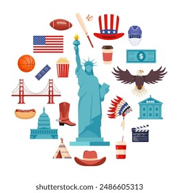 USA culture symbol set. Travel USA direction concept. American culture and history icons. Vector