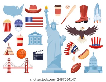 USA culture symbol set. Travel USA direction concept. American culture and history icons. Vector