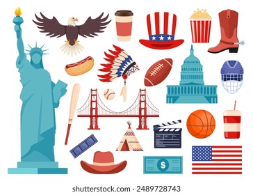 USA culture symbol set. Travel USA direction concept. American culture and history icons. Vector