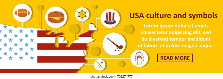 Usa culture and symbols banner horizontal concept. Flat illustration of usa culture and symbols banner horizontal vector concept for web