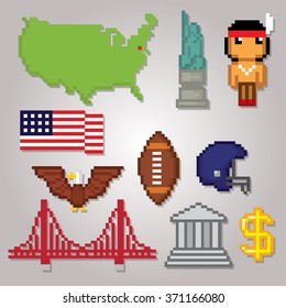 USA culture symbols icons set. Pixel art. Old school computer graphic style.