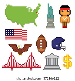 USA culture symbols icons set. Pixel art. Old school computer graphic style.