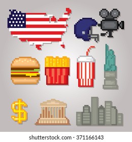 USA culture symbols icons set. Pixel art. Old school computer graphic style.