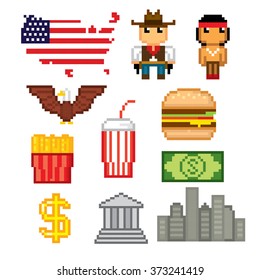 USA culture symbols icons set. Pixel art. Old school computer graphic style.