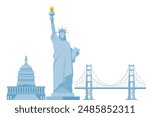 USA culture symbols. Liberty statue, capitol, golden gate bridge. American culture and history icons. Vector