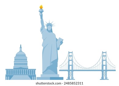 Símbolos de la cultura estadounidense. Estatua de la libertad, capitolio, puente Golden Gate. Iconos de la cultura e historia estadounidenses. Vector