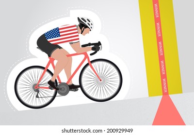 USA cyclist riding upwards to finish line vector isolated illustration