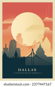 USA Dallas Stadt Brutalismus Poster mit abstrakter Skyline, cityscape Texas Retro Vektorgrafik. Titelbild des US-Reiseführers, Broschüre, Flyer, Broschüre, Broschüre, Geschäftspräsentation