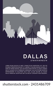 USA Dallas city minimalistic poster with skyline, cityscape retro vector illustration. US Texas state abstract travel front cover, brochure, flyer, leaflet, flier, template, layout