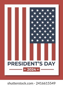 USA President’s day 2024 modern abstract poster. Vector illustration, greeting banner with stars, stripes, flag and lettering. 