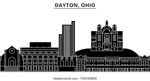 Usa, Dayton, Ohio-Architektur, Vektorgrafik der City-Skyline, Reise-Stadtlandschaft mit Sehenswürdigkeiten, Gebäuden, einzelne Sehenswürdigkeiten auf dem Hintergrund