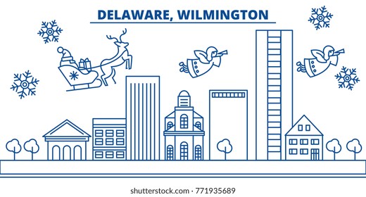 USA, Delaware , Wilmington winter city skyline. Merry Christmas and Happy New Year decorated banner. Winter greeting card with snow and Santa Claus. Flat, line vector. Linear christmas illustration