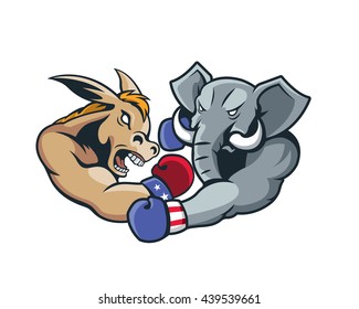 USA Democrat Vs Republican Election 2016 Cartoon -  Aggressive Boxing Day Match