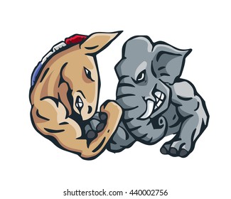 USA Democrat Vs Republican Election 2016 Cartoon - Intense Arm Wrestling Competition